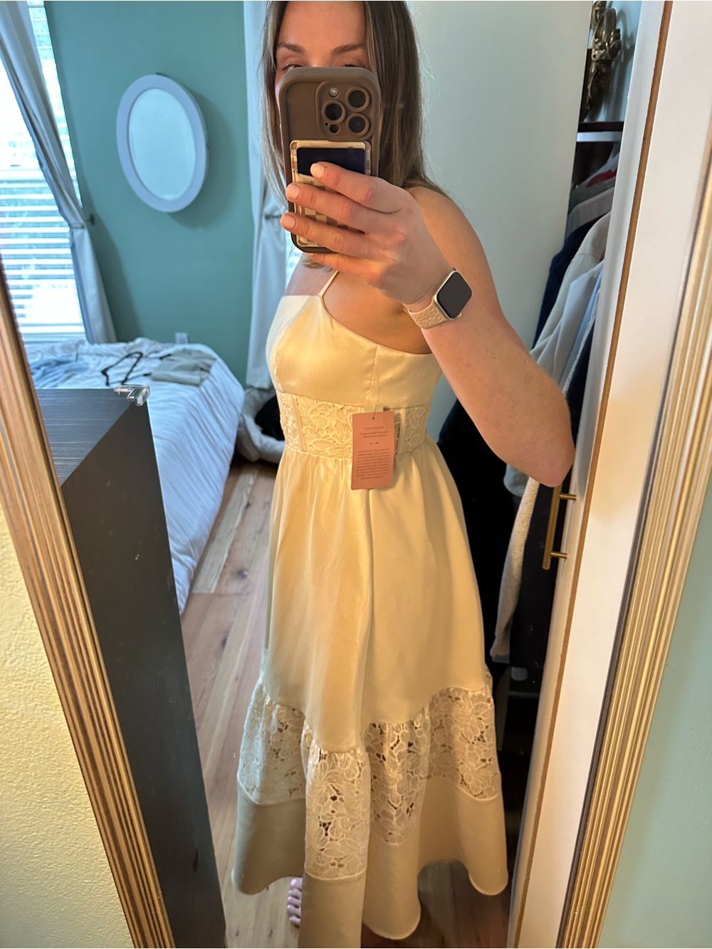 BHLDN Cream Satin Lace-Panel Midi Dress - Picture 5 of 8